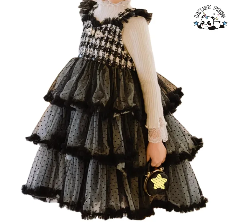 LEZONKIDS - High End Kids Clothing Mesh Layered Girls Party Dress Elegant Tweed Princess Dresses for Girls